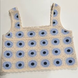 Rebellion Crochet Top with Blue and Cream Floral Design